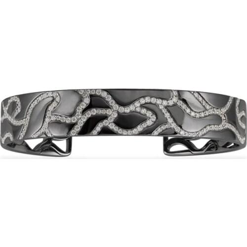 SLJELY Fashion Real 925 Sterling Silver Black Dark Grey Camouflage Open Cuff Women Zirconia Bangle Luxury Brand Bracelet Jewelry