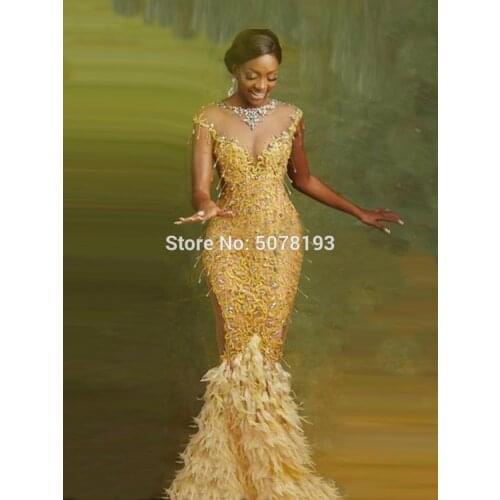 6251 yellow elegant O-neck cap-sleeve natural mermaid/trumpet tulle&feather&lace long evening dresses/party gowns free shipping