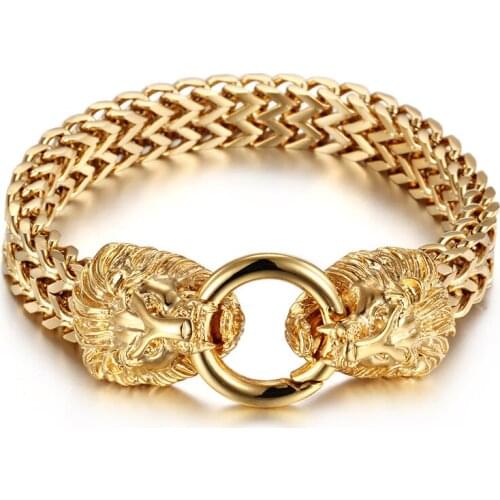 Gold 9 inch (23cm) Gothic Mens Gifts Jewelry Stainless Steel Two Rows Figaro Chain Bracelet Double Lion Head bracelet 77g heavy
