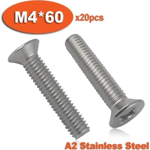 20pcs DIN965 M4 x 60 A2 Stainless Steel Screw Cross Recessed Countersunk Flat Head Screws