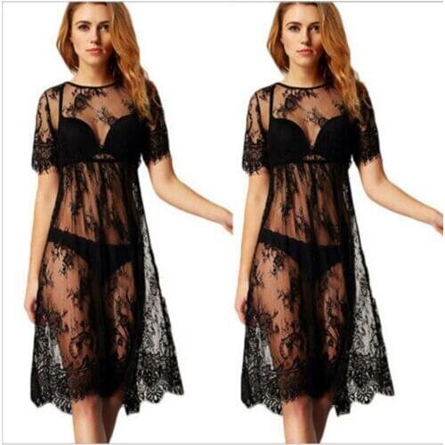 2019 Women Ladies Solid Sexy Short Sleeve Beachwear Lace Crochet Dress Bikini Summer Swimsuit Cover Up