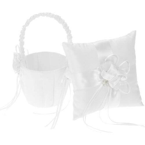 7 * 7 inches Ivory White Satin Flower Bowknot Wedding Ring Bearer Pillow and Wedding Flower Girl Basket Set Wedding Supplies