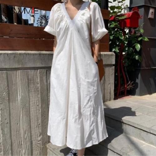 Free Shipping Elegant Dress New Outwear Fashion Simple Solid Color Two Wear V-neck Women Dress Short Sleeve Plus Size Vestidos