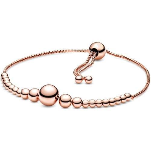 NEW 2020 100% 925 Sterling Silver Rose Gold String of Beads Sliding Bracelet Charm Fit European DIY Adjustable Original Jewelry