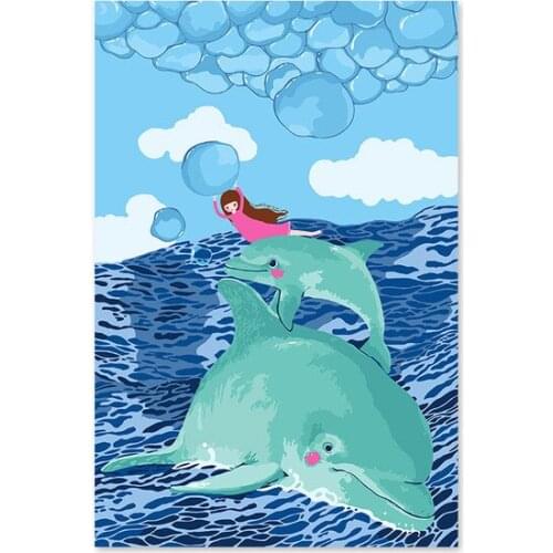 Digital oil painting porpoise cartoon girl a pair of fish sea scenery paintings by numbers for children picture
