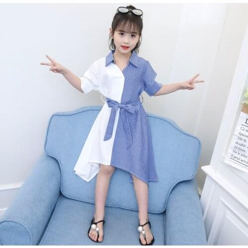 Kids Dresses For Girls Striped Patchwork Girl Party Dress Bow Belt Kids Dress Summer Childrens Clothing 4 5 6 7 8 9 10 12 Years