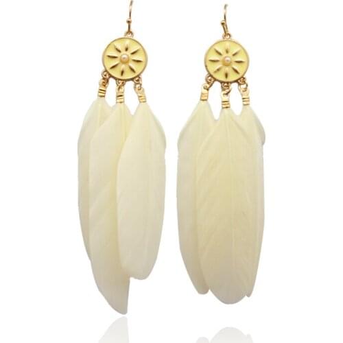 Long earrings Beige Feather Fashion Drop earrings Bohemian Ethnic Danglers Vintage Charm Earrings BOHO Party Gift Fashion ear