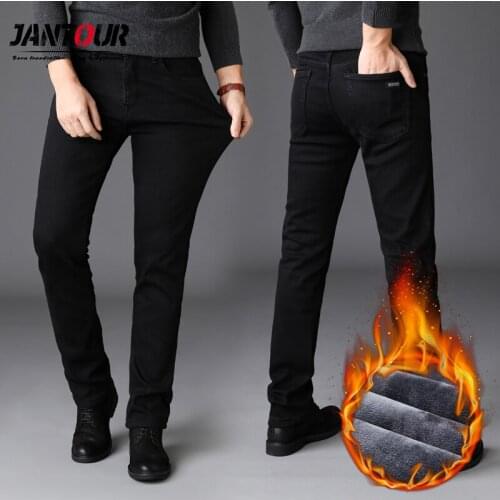 Jantour Jeans Mens For 2020 Winter Fleece Thicken Trousers Fashion Classic Straight Black Elasticity Work Pants Sizes 28-40