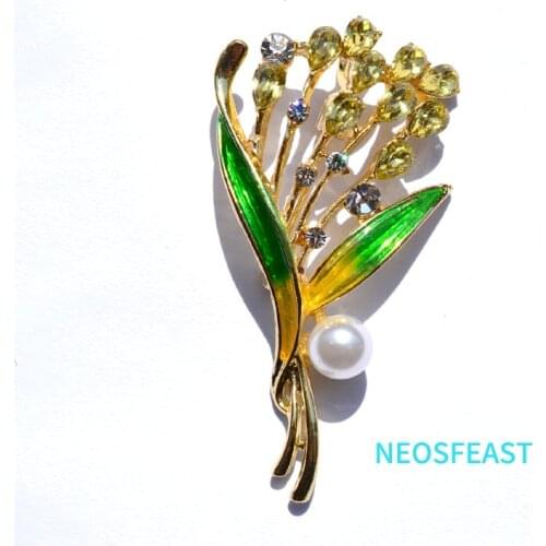 Elegant Rhinestone Wheat-Brooches Gold Color Enameled Pearl Pin Ladies Gifts Crystal Flower Corsage Coat Garment Fashion Jewelry