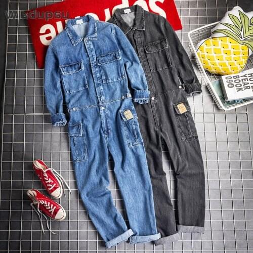 Denim Jumpsuits Overalls For Men Jeans Pants Long Sleeve Fashion Hip Hop Mens Multi Pocket Vintage Black Blue Streetwear Romper