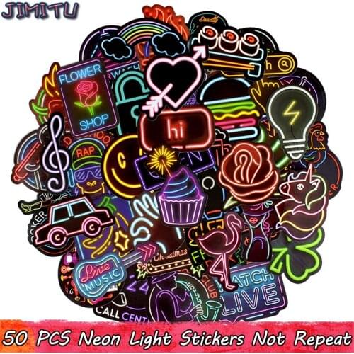 50 PCS Neon Light Sticker Anime Icon Animal Cute Decals Stickers Gifts for Children to Laptop Suitcase Guitar Fridge Bicycle Car