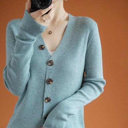 2020 New Women Cardigan 100% Cashmere and Wool V neck Long Sleeved Solid Sweaters Fall Winter Thin Cardigans for Women