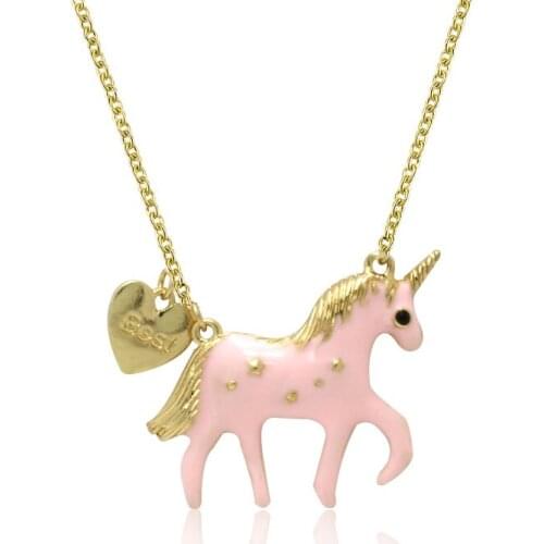 2020 New Fashion Trendy Gold Color Green Pink Enamel Unicorn Pendant Necklace for Women Girls Jewelry Long Chain Patry Gift