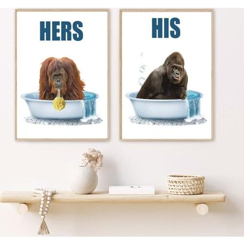 Animal in Bathtub Poster Hers His Quote Print Monkey African Gorilla Bath Canvas Painting Nursery Wall Art Picture Kid Room Home