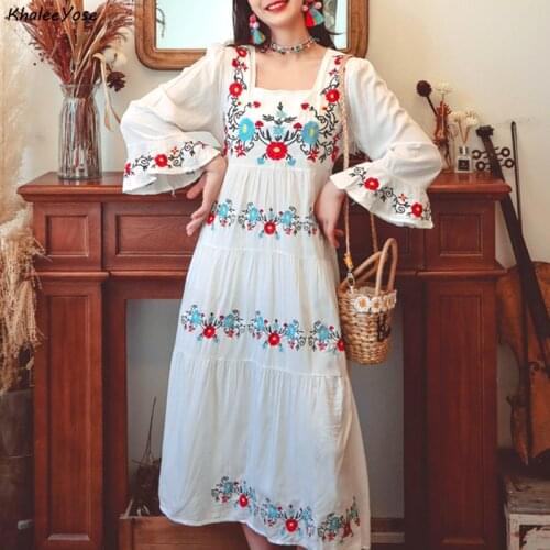 Khalee Yose Boho Floral Embroidery Dress Ethnic Chic Summer Holiday Women Dresses Belted Sexy Casual Female Ladies Beach Dress