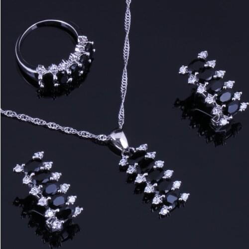 Attractive Black Cubic Zirconia White CZ Silver Plated Jewelry Sets Earrings Pendant Chain Ring V0301