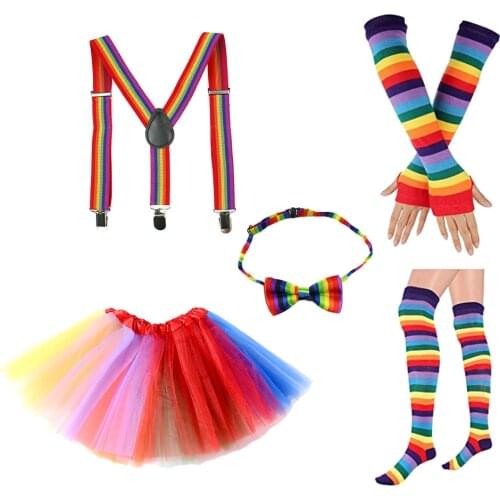 Baby Girl Adult Rainbow Tutu Skirt with Unicorn Headband Long Striped Gloves Socks Party Accessory Children Show Skirts