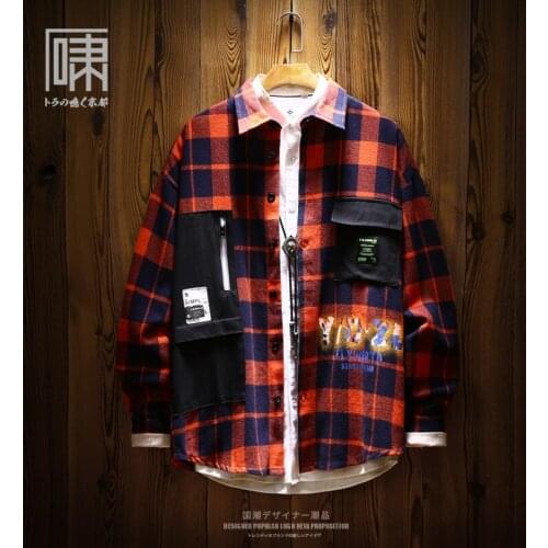 Trendy Brand National Fashion Hip Hop Design Stitching Long Sleeve Plaid Shirt Mens Japanese Style Ruan Handsome Shirt Mens