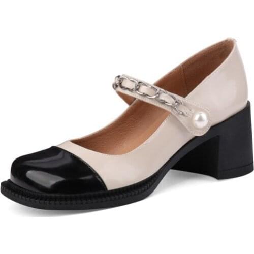 Luxury Brand Chain Pearls Mary Jane Shoes Women Natural Genuine Cow Leather Pumps Woman Block Heels Big Round Toe Shoes Footwear