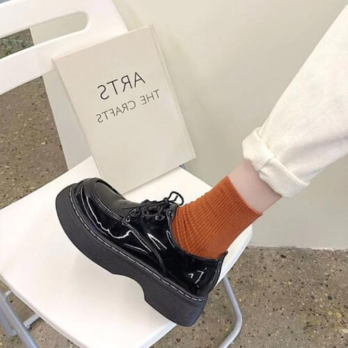 New spring Women Shoes Solid Black Leather Oxford Shoes Woman Lace Up High Heels Thick Bottom Platform Loafers Casual Shoes