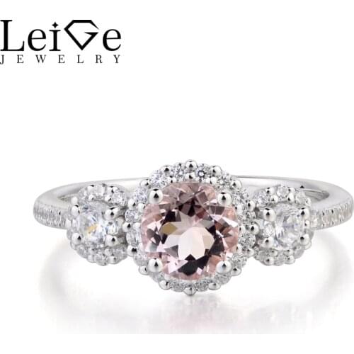 Leige Jewelry Real Natural Pink Morganite Ring Wedding Ring Round Cut Pink Gemstone Solid 925 Sterling Silver Ring Gifts for Her