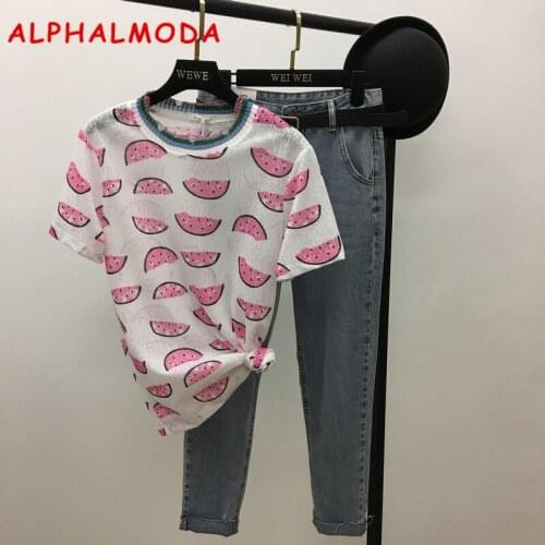 ALPHALMODA 2018 Summer Womens Watermelon Printed Trendy Tshirts Ripped Collar Short-sleeved Stylish Tropical Fruits Tshirts