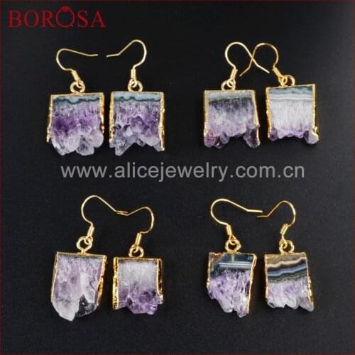 BOROSA Drusy Dangle Earrings for Women Gold Color Natural Raw Purple Crystal Druzy Slice Natural Amethysts Drop Earrings WX014