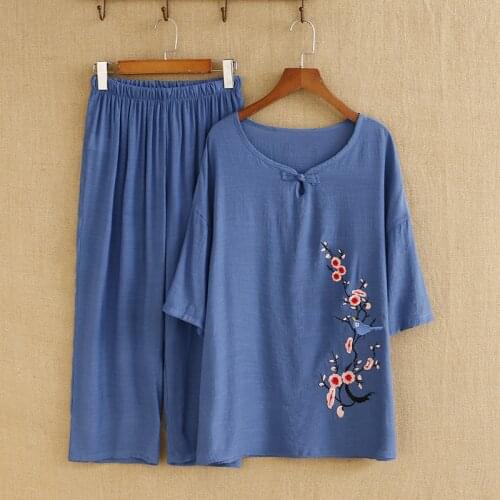 Plus Size Suits Sets In Summer Plus Size Suits Sets Chinese Wind Element Embroidery Pattern Two Pieces Loose Sleeve Shirt Sets