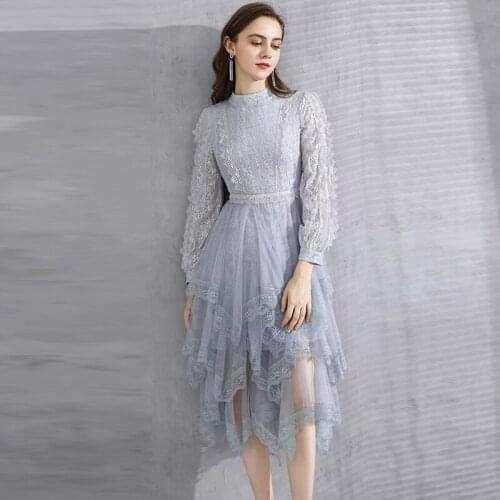 High Quality Princess Runway Fashion Elegant Luxury Sequined Lace Embroidery Irregular Famale Long Dress