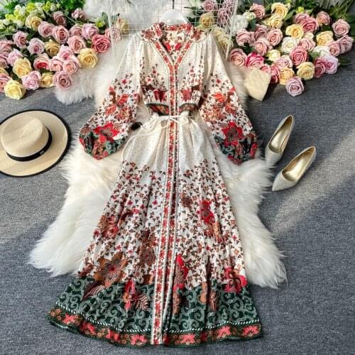 New Women Dress Bohe Folk V-Neck Long Lantern Sleeve Long Dress Euro Ladies Casual Floral Printed Elegant Mid-calf Dresses