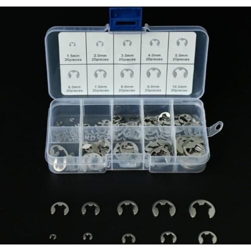 200Pcs/Box 304 Stainless Steel E Clip Circlip Washer Assortment Kit 1.5-10 mm External Retaining Ring Clip For Shaft