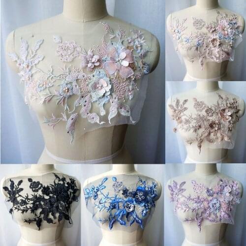 Black Blue Gold 3D Flower Lace Fabric Beads Rhinestone Embroidered Gown Appliques Collar Sew Patch For Wedding Decor Dress DIY