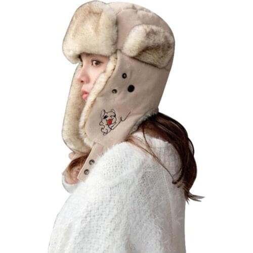 Doitbest women hat Winter fur bomber hats Windproof Thick warm women‘s Outdoor skiing cute dog cat Face Mask Earflap ushanka hat