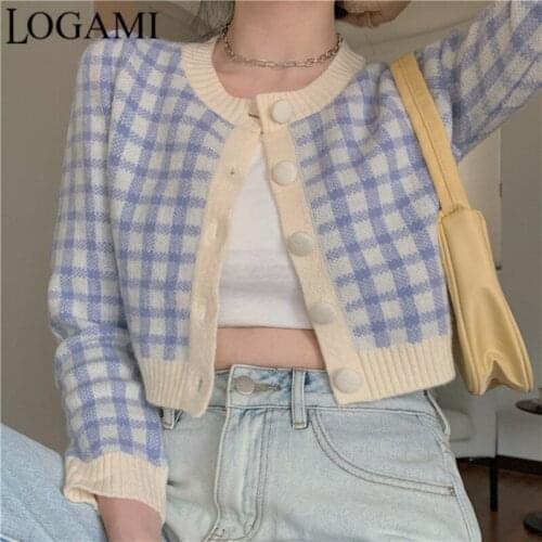 LOGAMI Retro Elegant Plaid Short Cardigans Knitted Cardigan Sweater Sweet Outwear