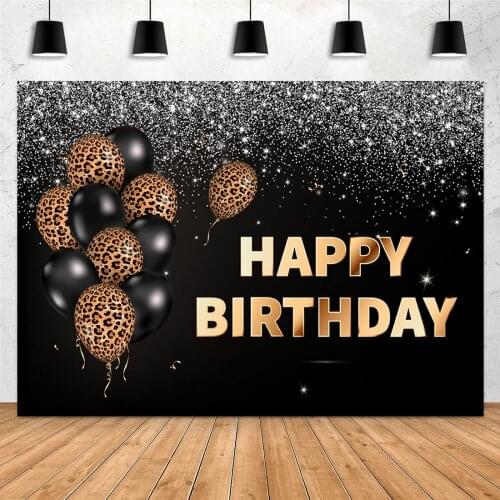 Glitter Silver Black Happy Birthday Background Leopard Balloons Sequin Dots Girls Women Photography Backdrop Party Decorations