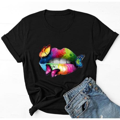 Multicolored Lips Butterflies Print Cotton Tshirt Summer Ladies Harajuku T-shirts Kiss Lip Funny Girls Fashion Tshirt Streetwear