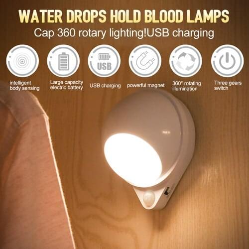 Water Drop 360 Degree Rotating Night Light Human Body Infrared Induction Home Universal LED Sconces For Baby Room Wall Lamp