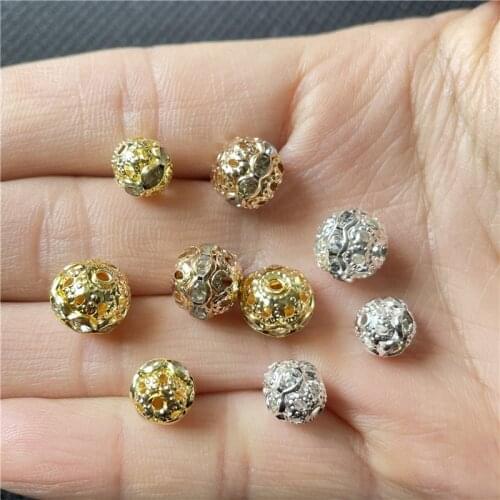 20pcs 8mm 10mm Metal Plated Crystal Rhinestone Round Ball Spacer Loose Beads For Jewelry Making DIY Bracelet Necklace