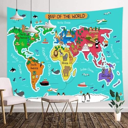 Cartoon World Map Tapestry Animal Mountains Forests World Map for Children