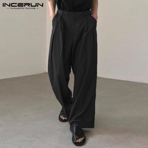 2021 Men Straight Pants Joggers Streetwear Solid Color Korean Casual Trousers Men Loose Fashion Pantalones Hombre INCERUN S-5XL