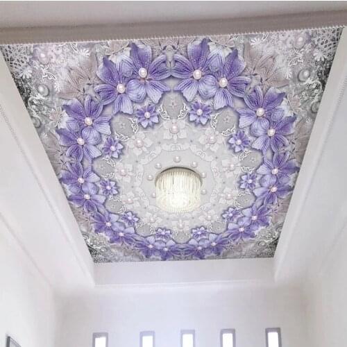 Custom Size Murals 3D Relief Purple Flowers Pearl European Style Living Room Bedroom Ceiling Self Adhesive Wallpaper Home Decor