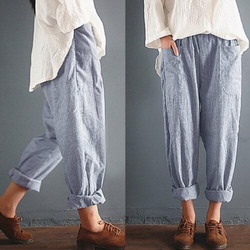 Autumn Striped Cotton Linen Strechy Elastic High Waist Loose Pants Long Trousers Womens Casual Capris With Pockets Plus Size