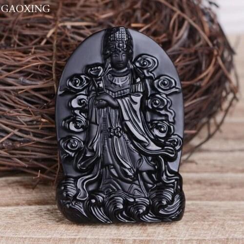Natural Obsidian Mazu Statue Pendant Jewelry Queen Empress Mother of Heaven Hand Carved Necklace Necklace