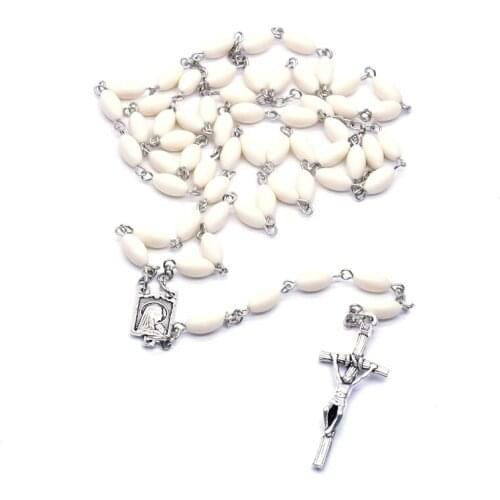 QIGO White Acrylic Beads Cross Rosary Necklace Long Catholic Jewelry