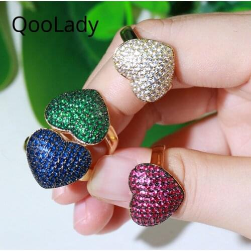 QooLady Romantic Yellow Gold Green Blue Cubic Zirconia Big Love Heart Shape Adjustable Engagement Party Rings for Women F072