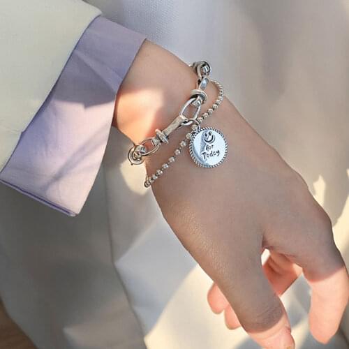 S925 Sterling Silver Bracelet for Women Smiling Face Double Layer Retro Simple Bracelet Jewelry Wholesale