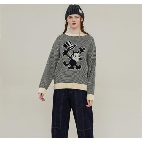 Womens Casual Loose Knitted Sweater Couple Spring And Autumn Tops New Winter Cartoon Embroidery Retro Striped O-neck Pullover