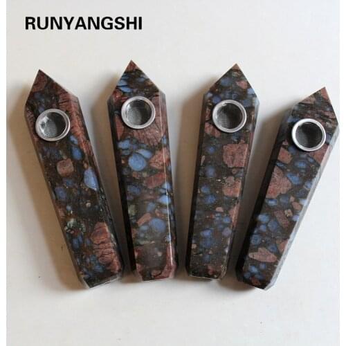 Runyangshi YL51 100% Natural blue amphibole crystal pipe Drop Shipping crystal smoking pipe Christmas gift true crystal healing