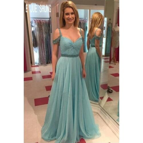 E JUE SHUNG Sky Blue Evening Dresses Beading Sash Spaghetti Strap A Line Prom Gowns Prom Gowns Vestidos De Fiesta Formal Dresses