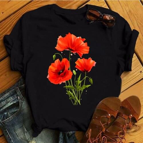 Red Poppy Women T Shirt Casual Tshirts Harajuku Funny TShirt Aesthetics Print Casual Short Sleeve Streetwear Women Tops Tees
